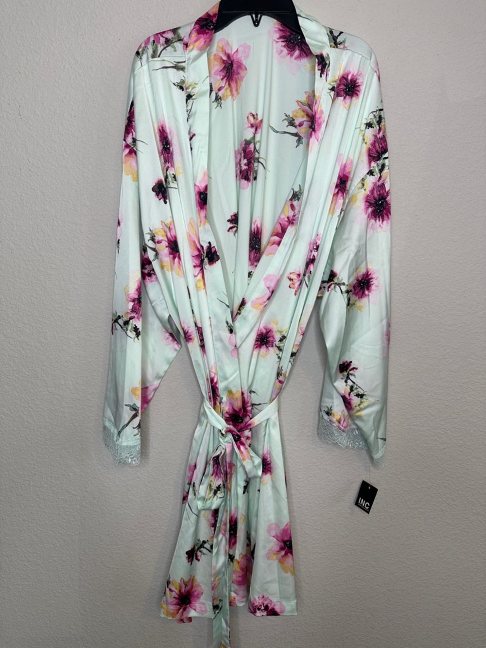 INC International Concepts Mint Floral Satin Robe with Pink & Yellow Blooms